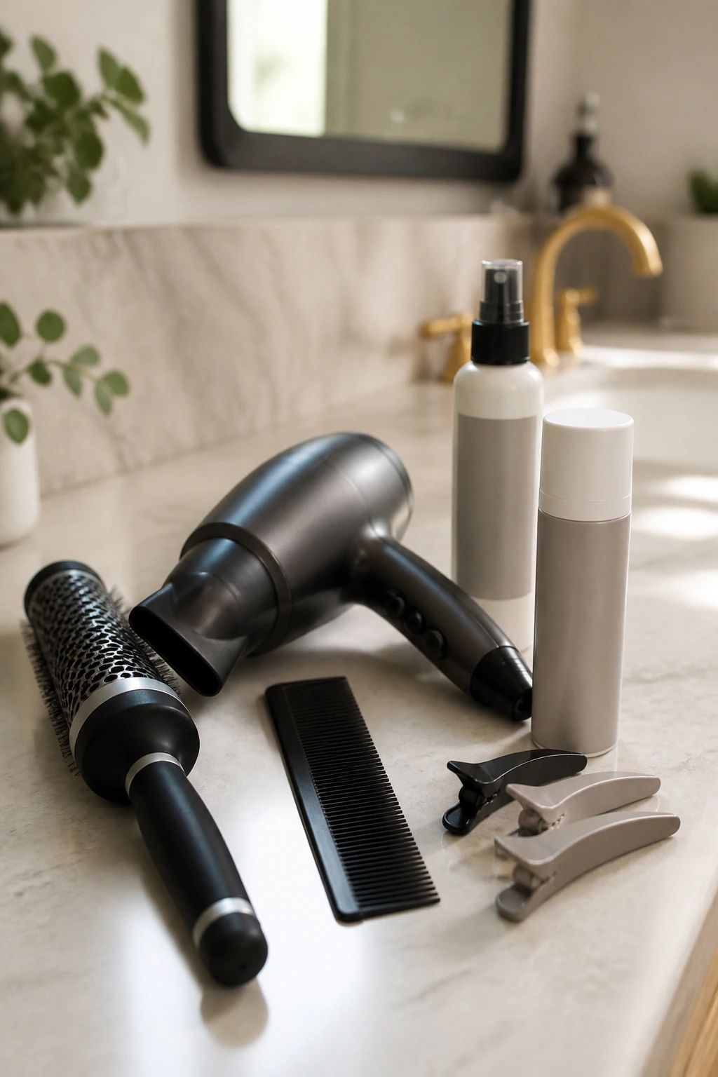 Close-up of six essential hair-styling tools for bangs arranged on a bathroom counter