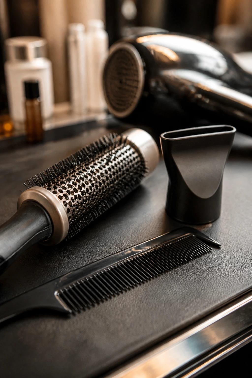 Close-up of bangs-styling tools on a salon station