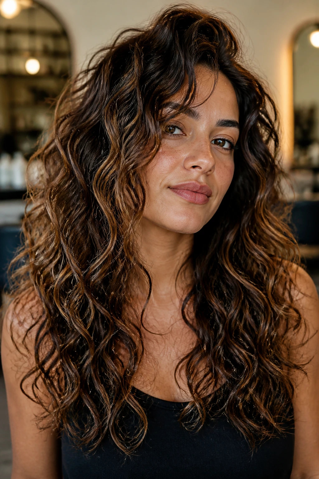 Portrait of a real woman with beach waves in a salon-like setting, hair dominating the frame.
