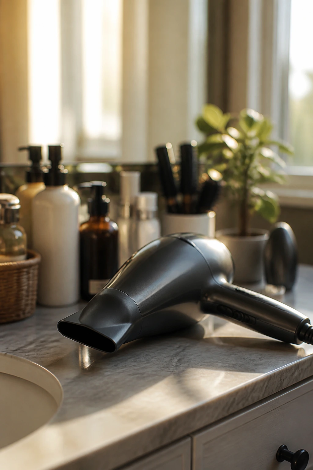 Close-up of a blow dryer with narrow nozzle on a vanity in a bathroom.