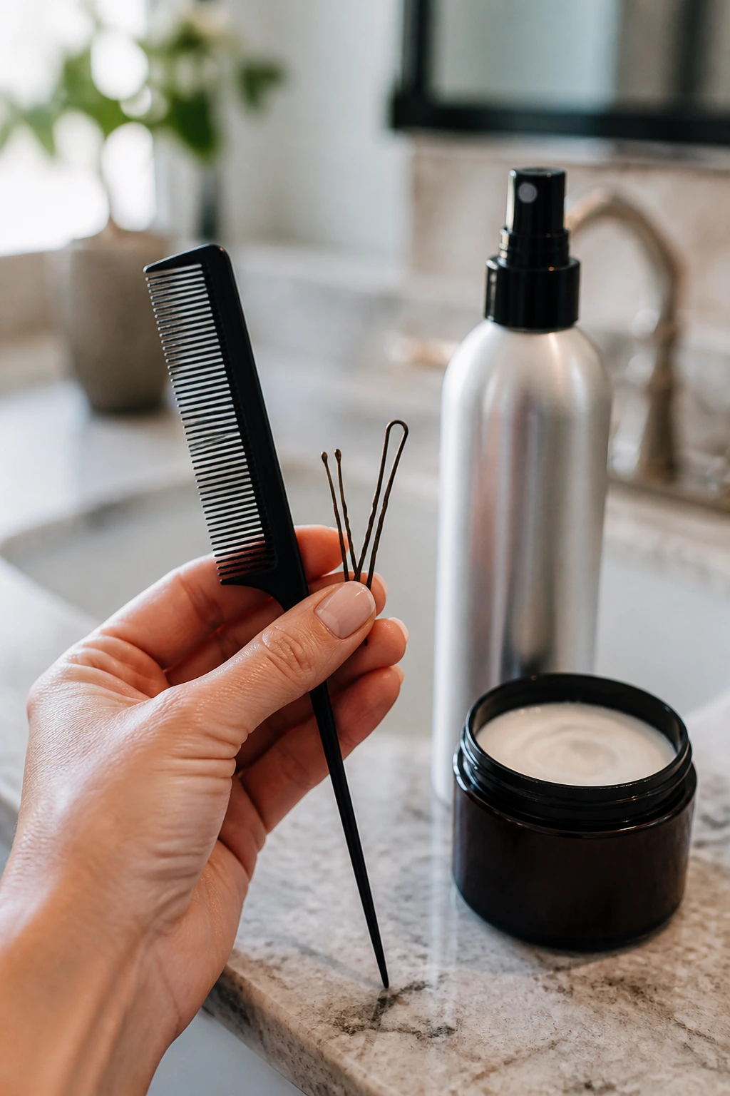 Close-up of hands with tail comb and bobby pins on bathroom counter