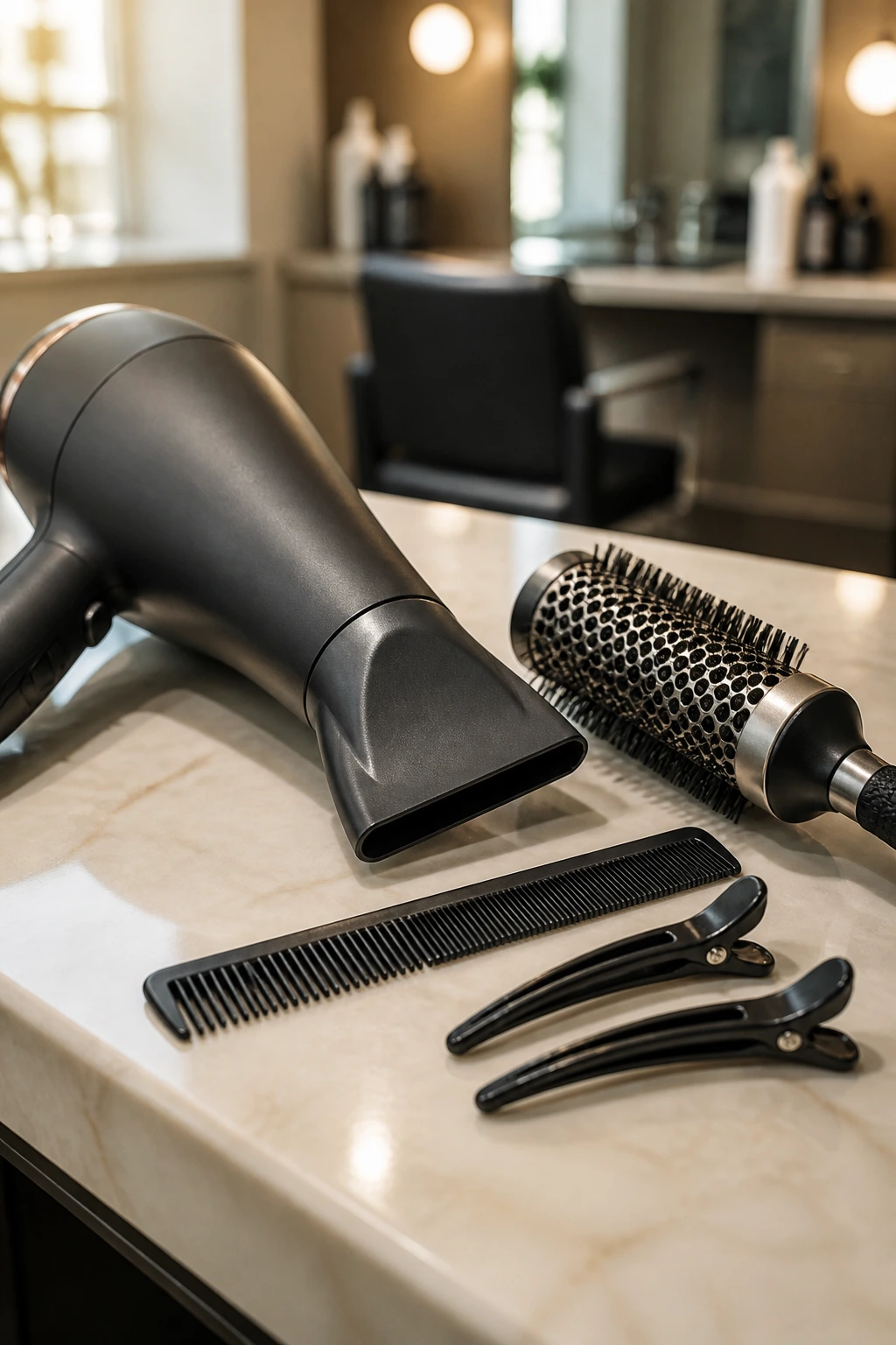 Close-up of essential tools for bottleneck bangs styling: dryer nozzle, small round brush, comb, and clips on a salon counter