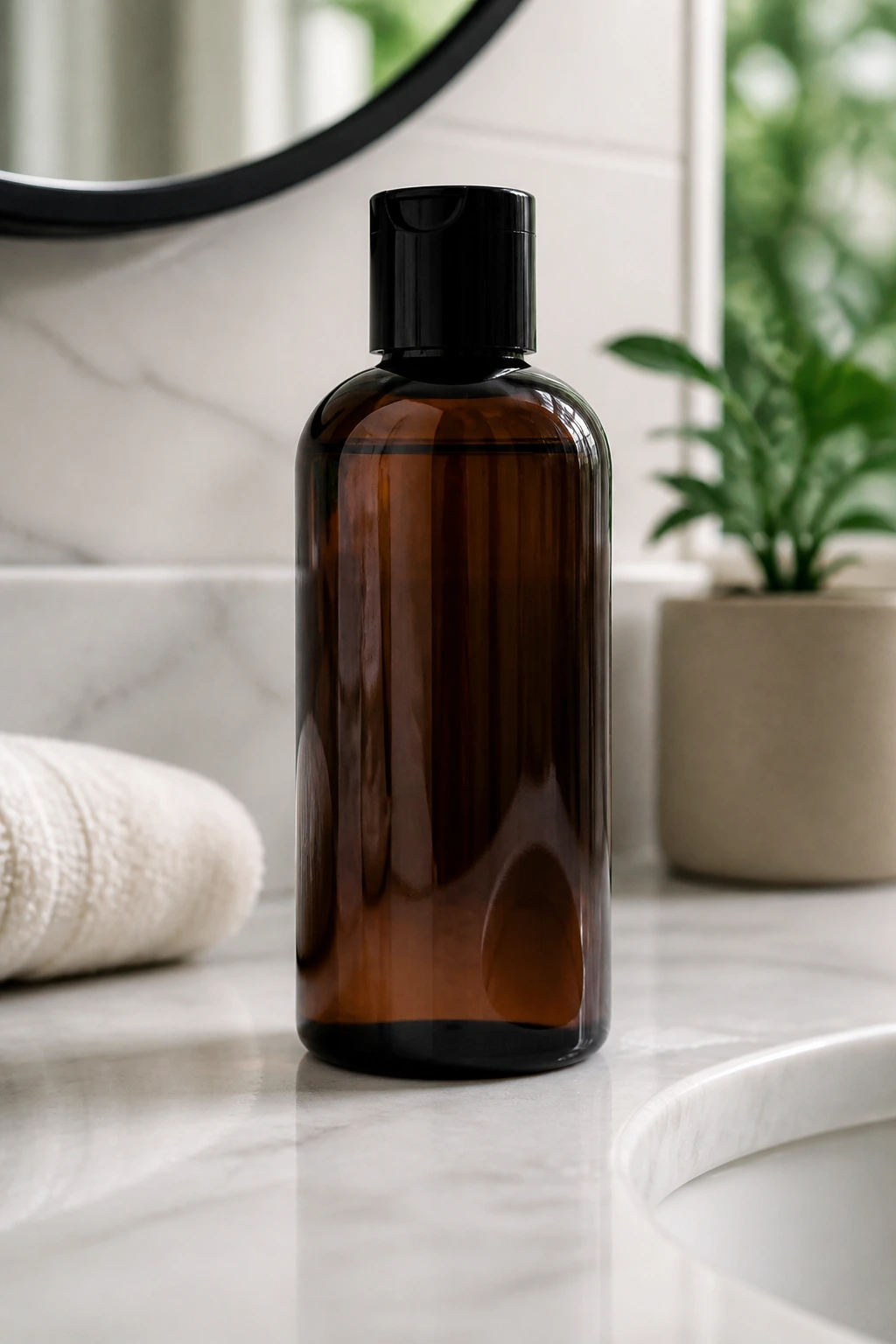 Close-up of a color-safe shampoo bottle on a bathroom counter