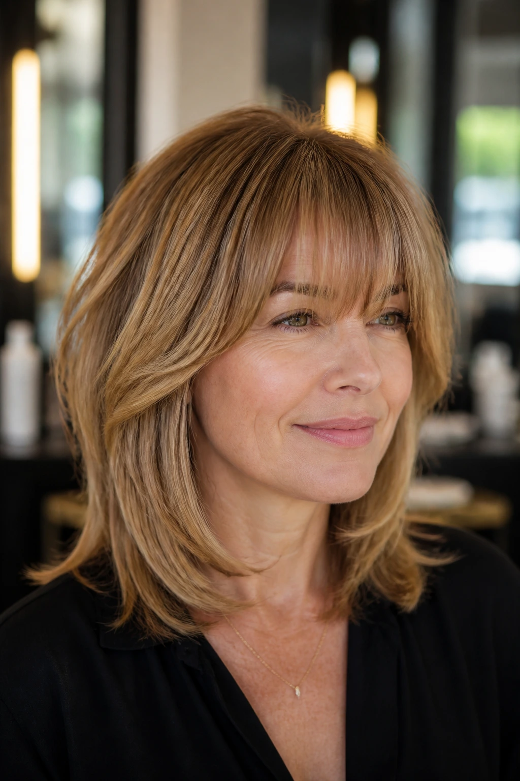 Close-up of a woman with lifted roots and defined fringe in a salon setting