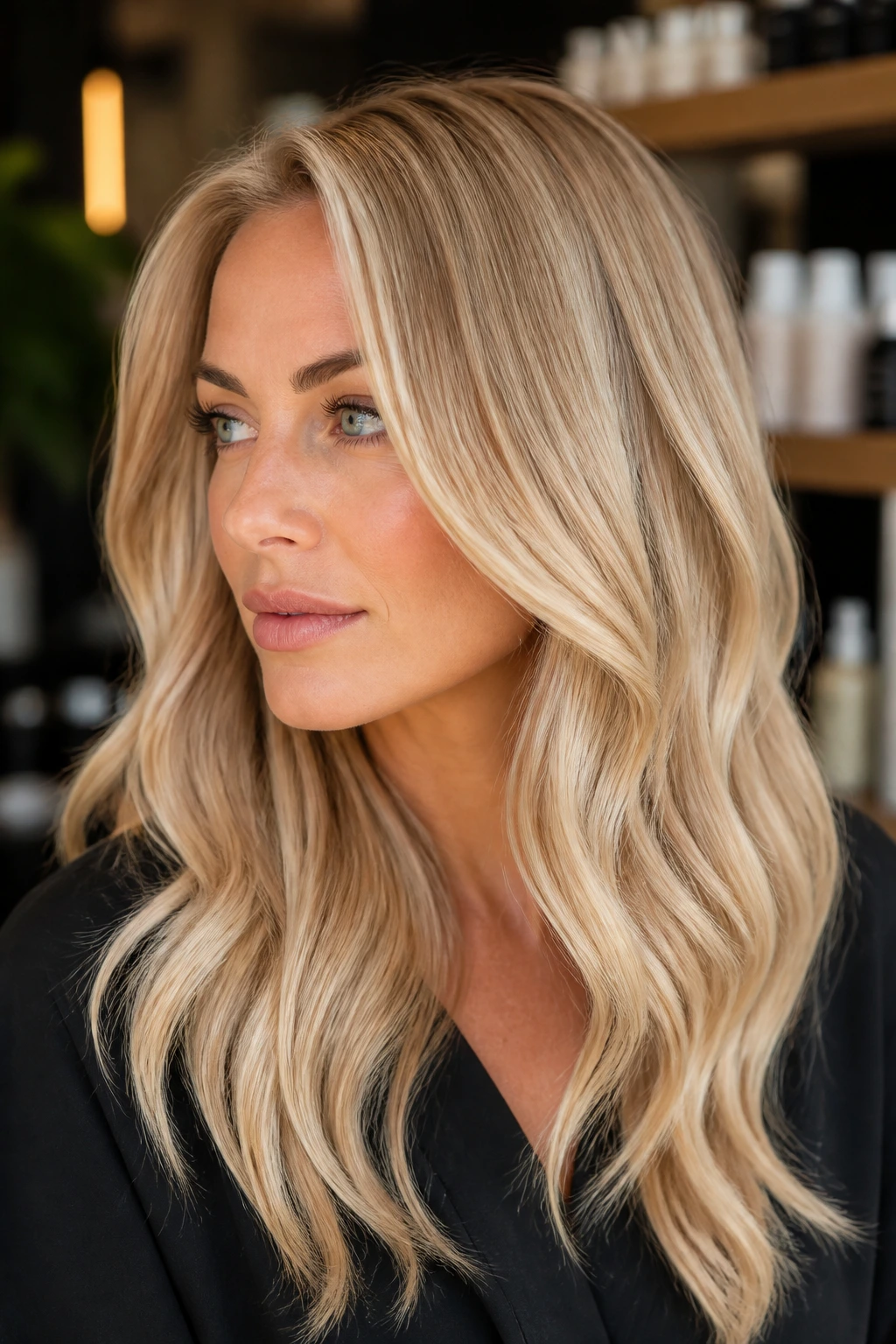 Close-up portrait of a real person with butter blonde hair in a salon setting.