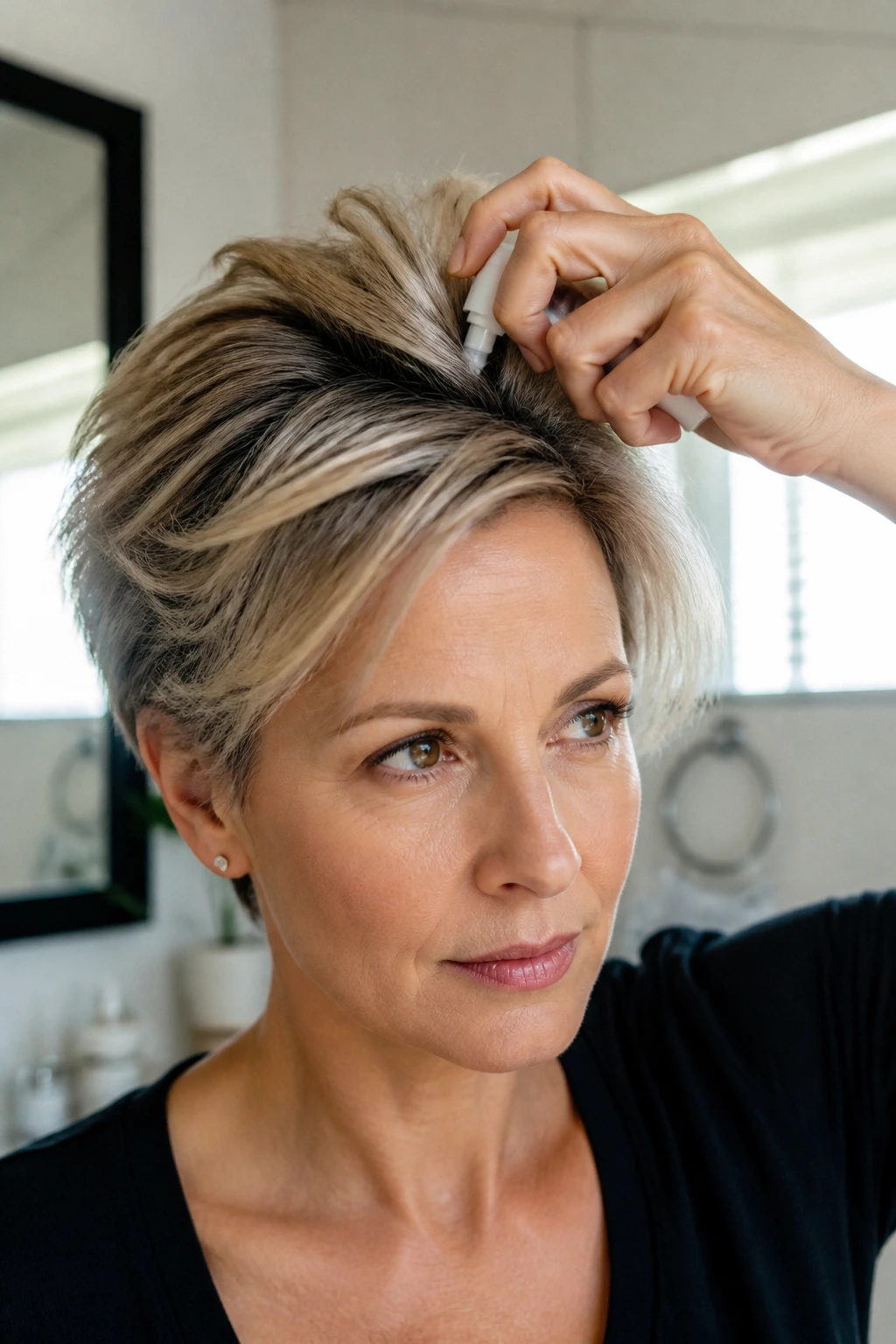 Hands applying hair product to crown on real head with short layered hair