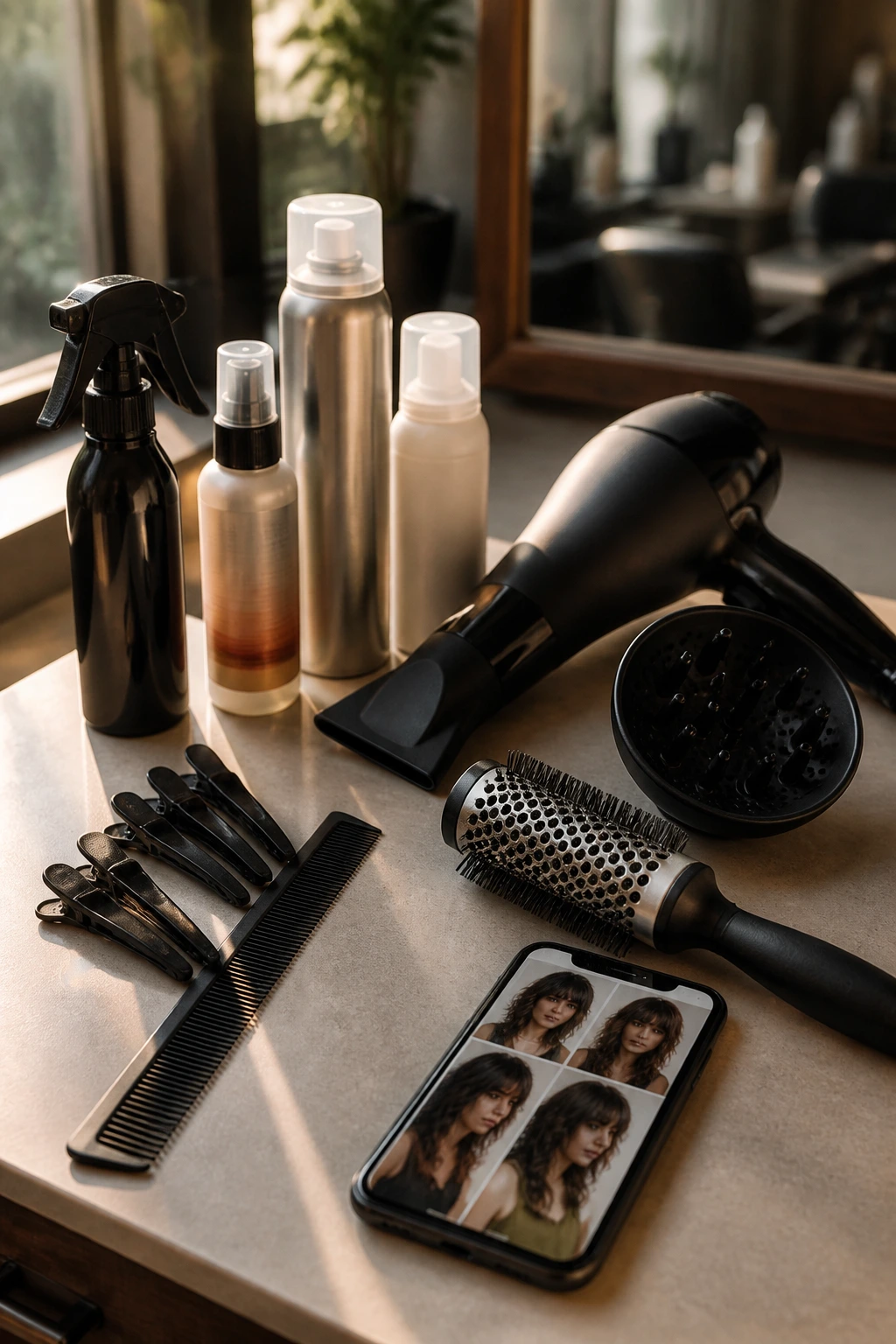 Tools lineup for a first snip: comb, clips, dryer nozzle, round brush, diffuser, heat protectant
