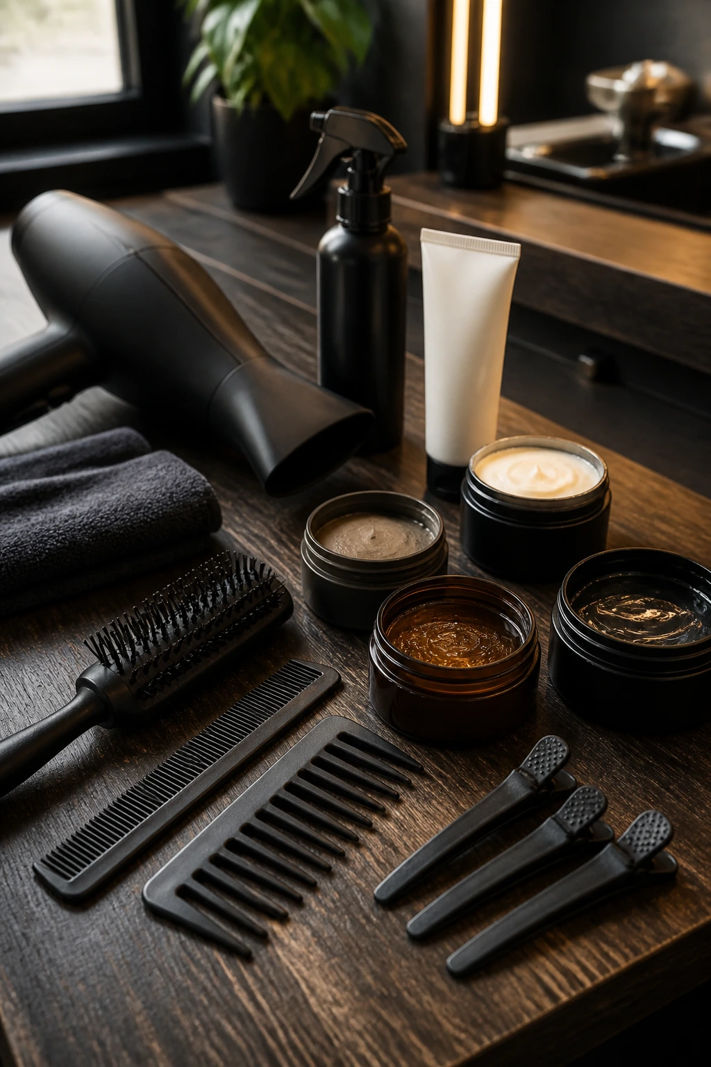 Close-up of assorted hair-styling tools on salon counter