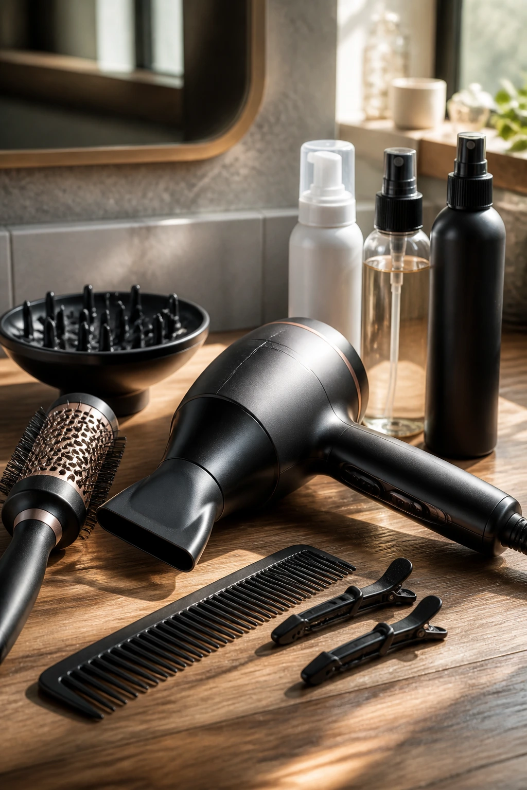 Close-up of essential tools and products for stacked shag hair on a wooden bathroom counter
