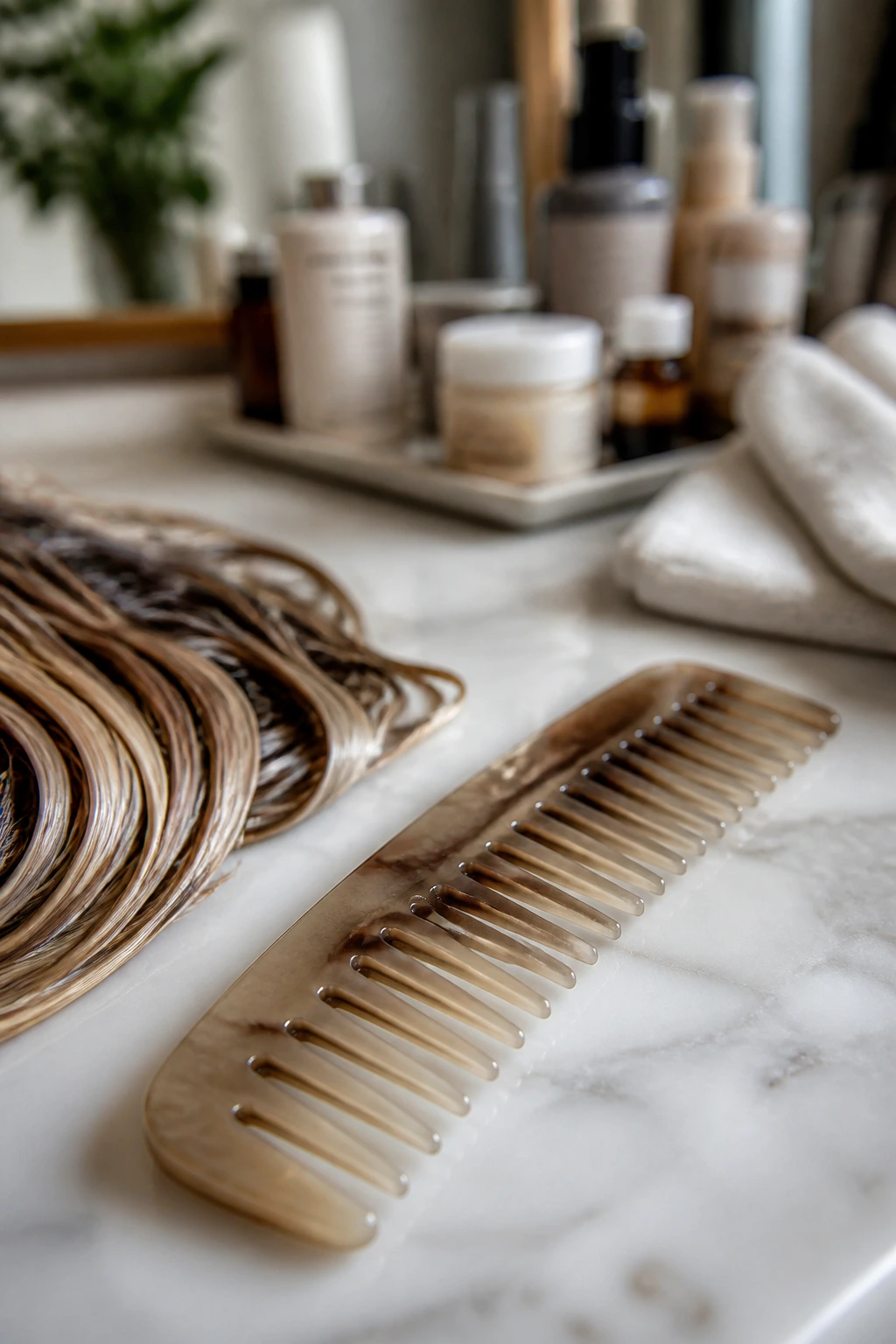 Close-up of a wide-tooth comb on a vanity with damp highlighted hair nearby