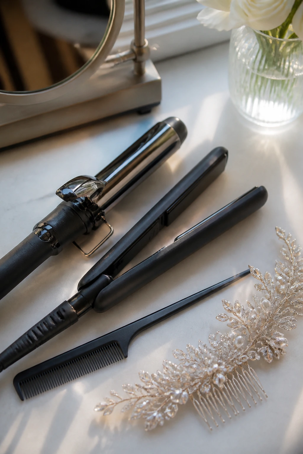 Close-up of essential tools for bridal pixie styling on a vanity