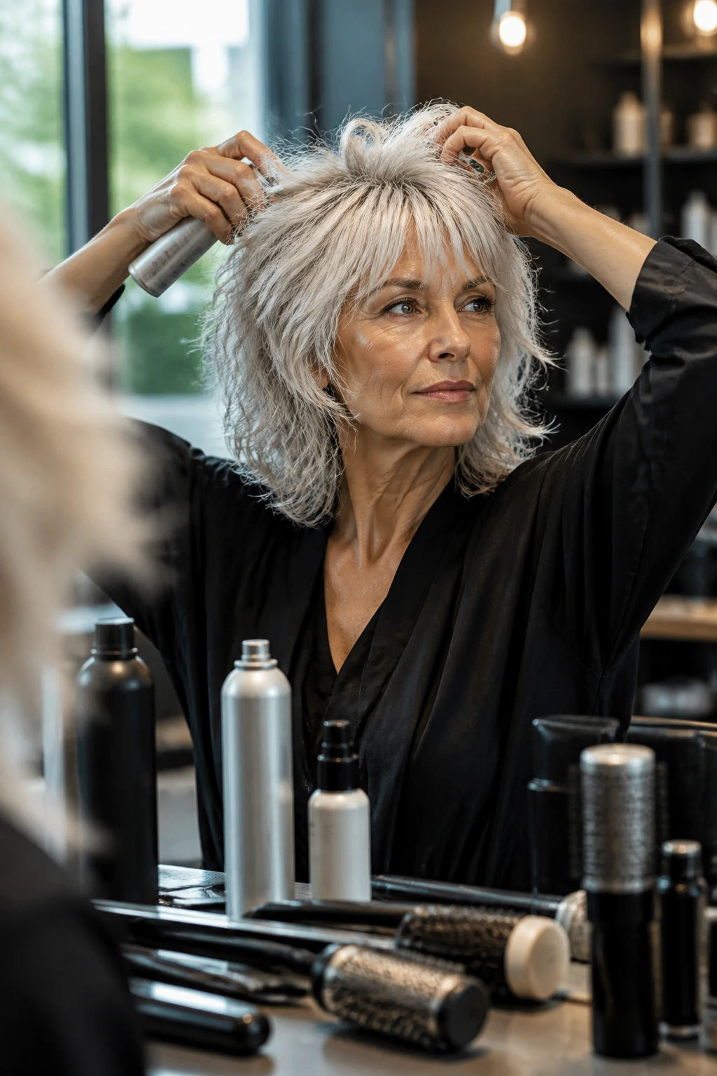 Real person with platinum wolf cut using styling tools in a salon