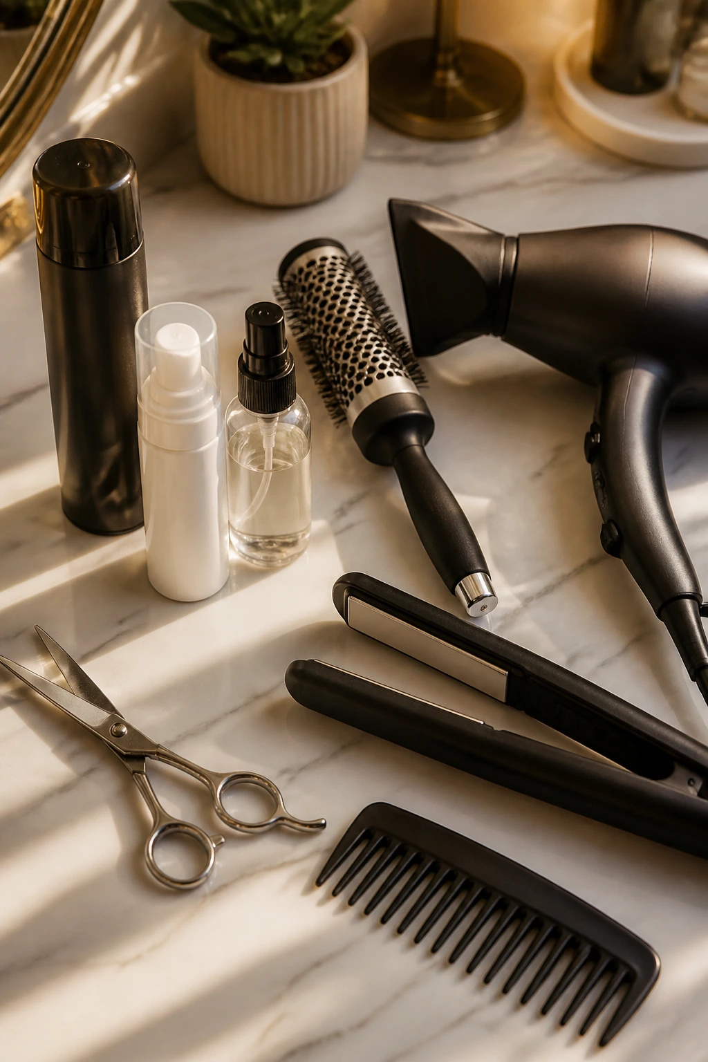 Top-down close-up of essential tools and products for fine-hair bobs on a vanity