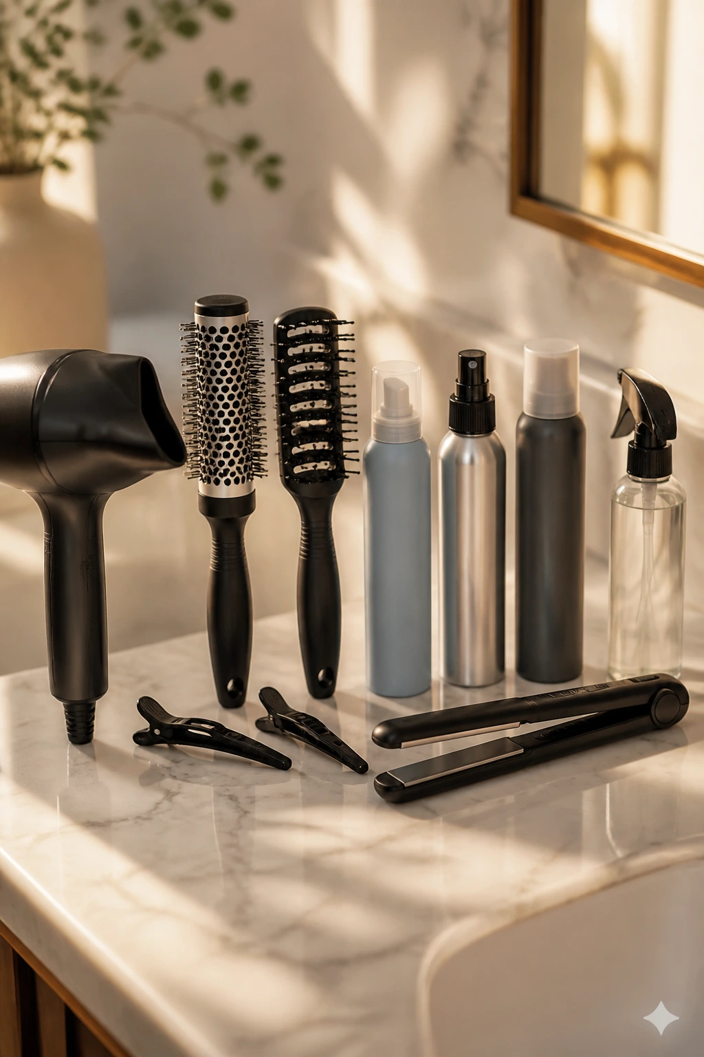Close-up of essential tools and products for fine hair bobs arranged on a counter