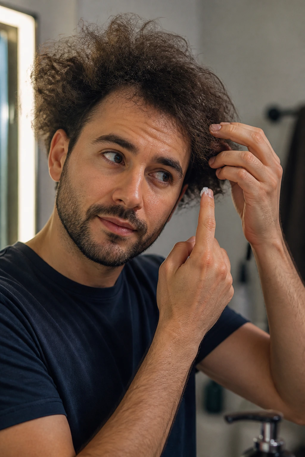 Close-up of a man applying cream to frizzy hair in a bathroom