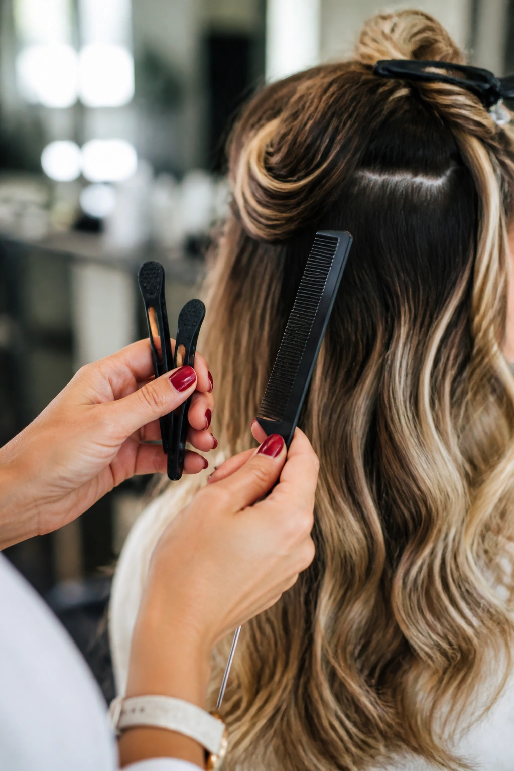Hands with a tail comb and clips, in a salon setting