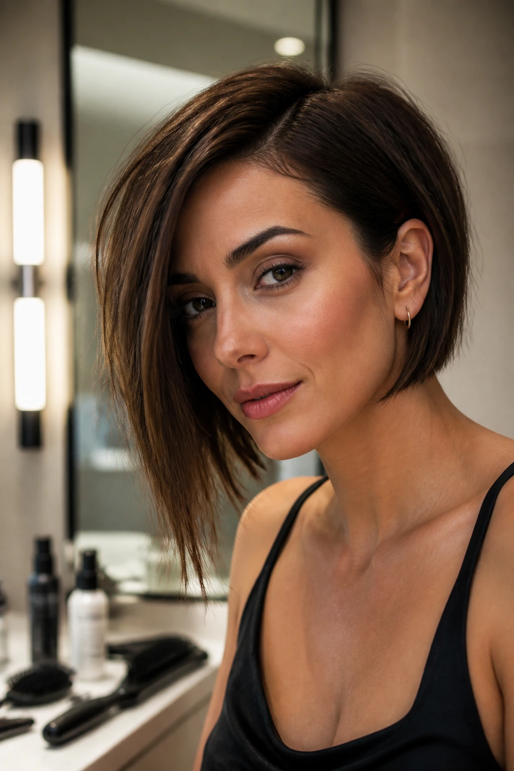 Close-up portrait of a real woman with an asymmetrical bob looking polished as if styled with tools