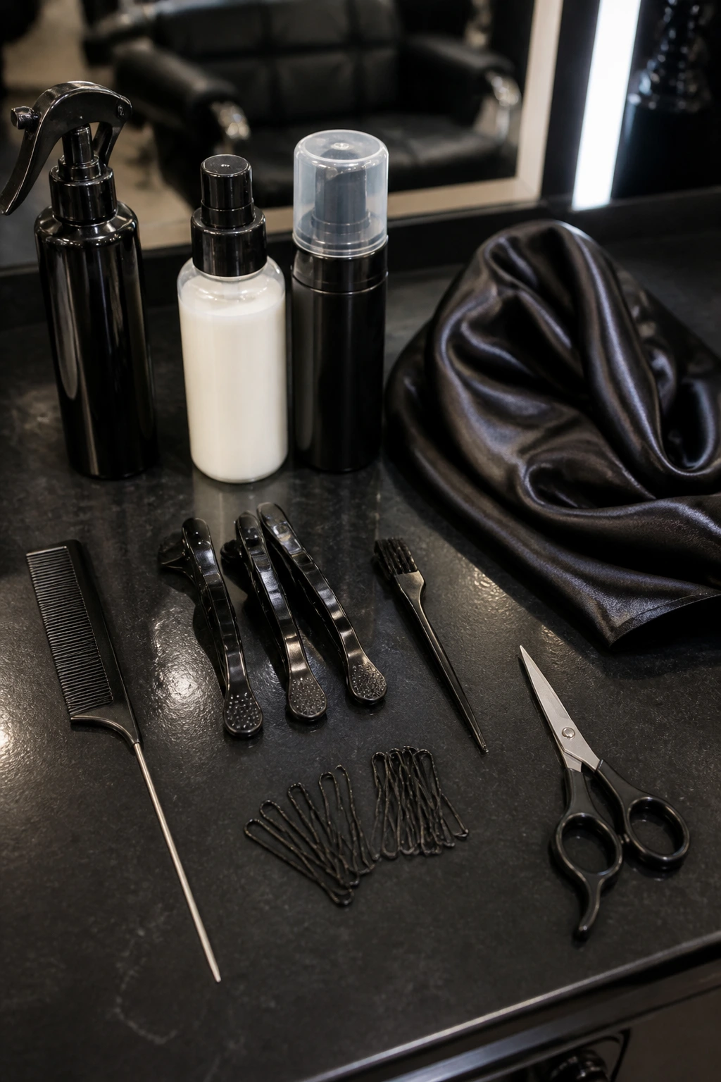 Top-down view of unlabeled hair install tools arranged on a salon counter