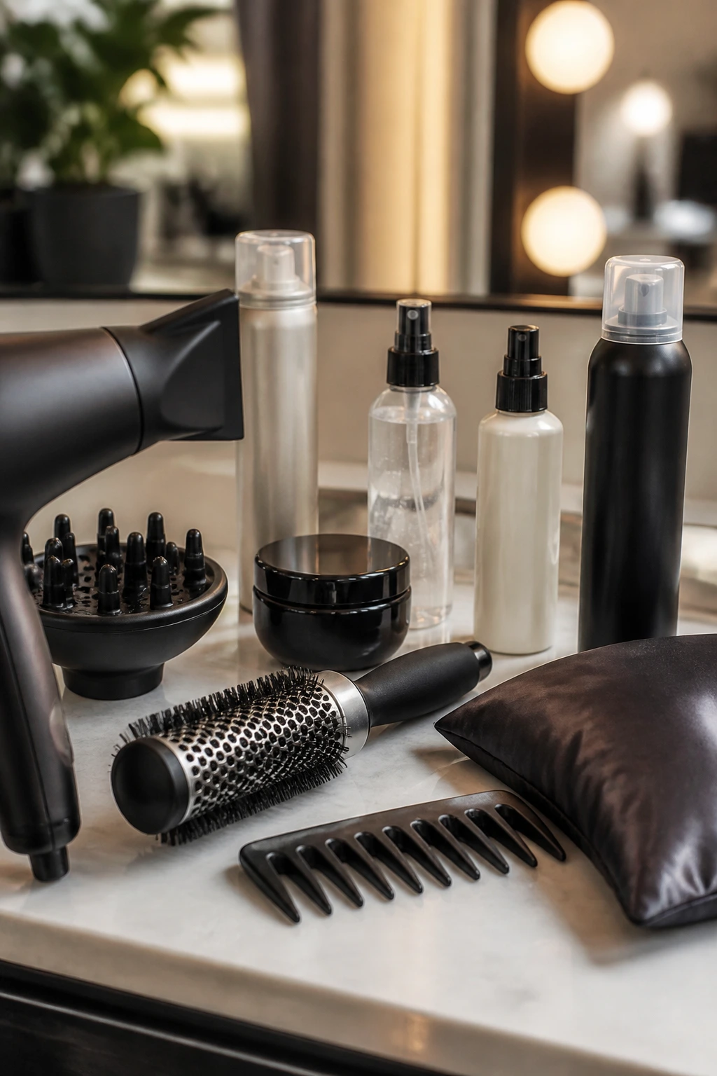 Close-up of essential hair tools and products on a salon counter.