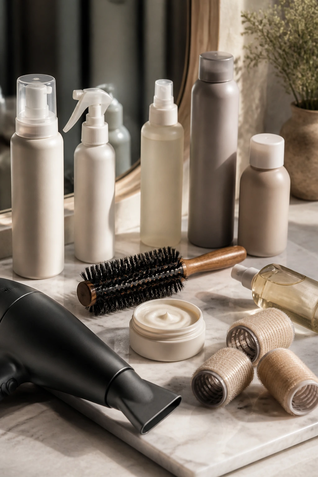 Tools and neutral bottles arranged on a vanity for fine-hair styling