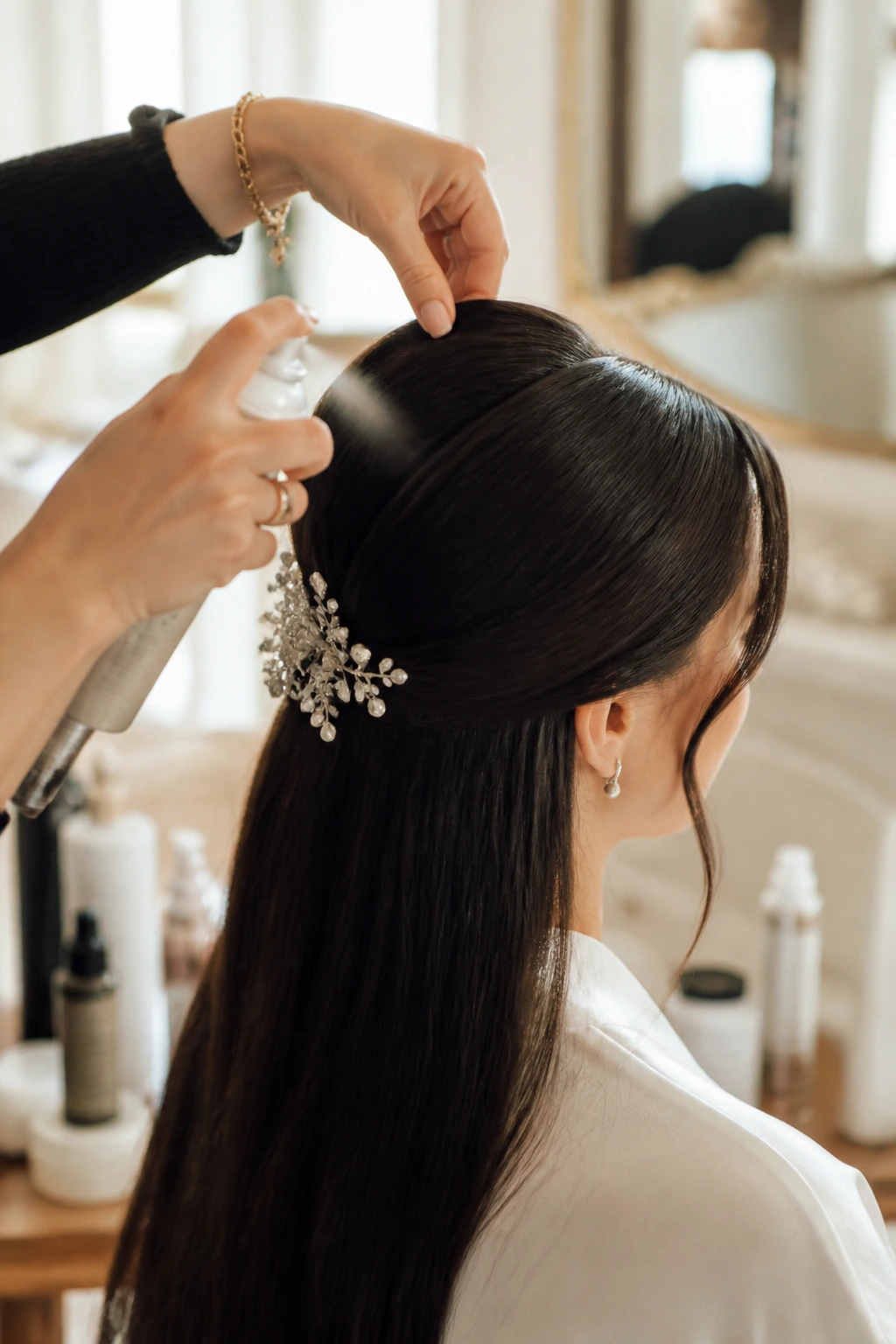 Real bride with stylist applying product to straight hair