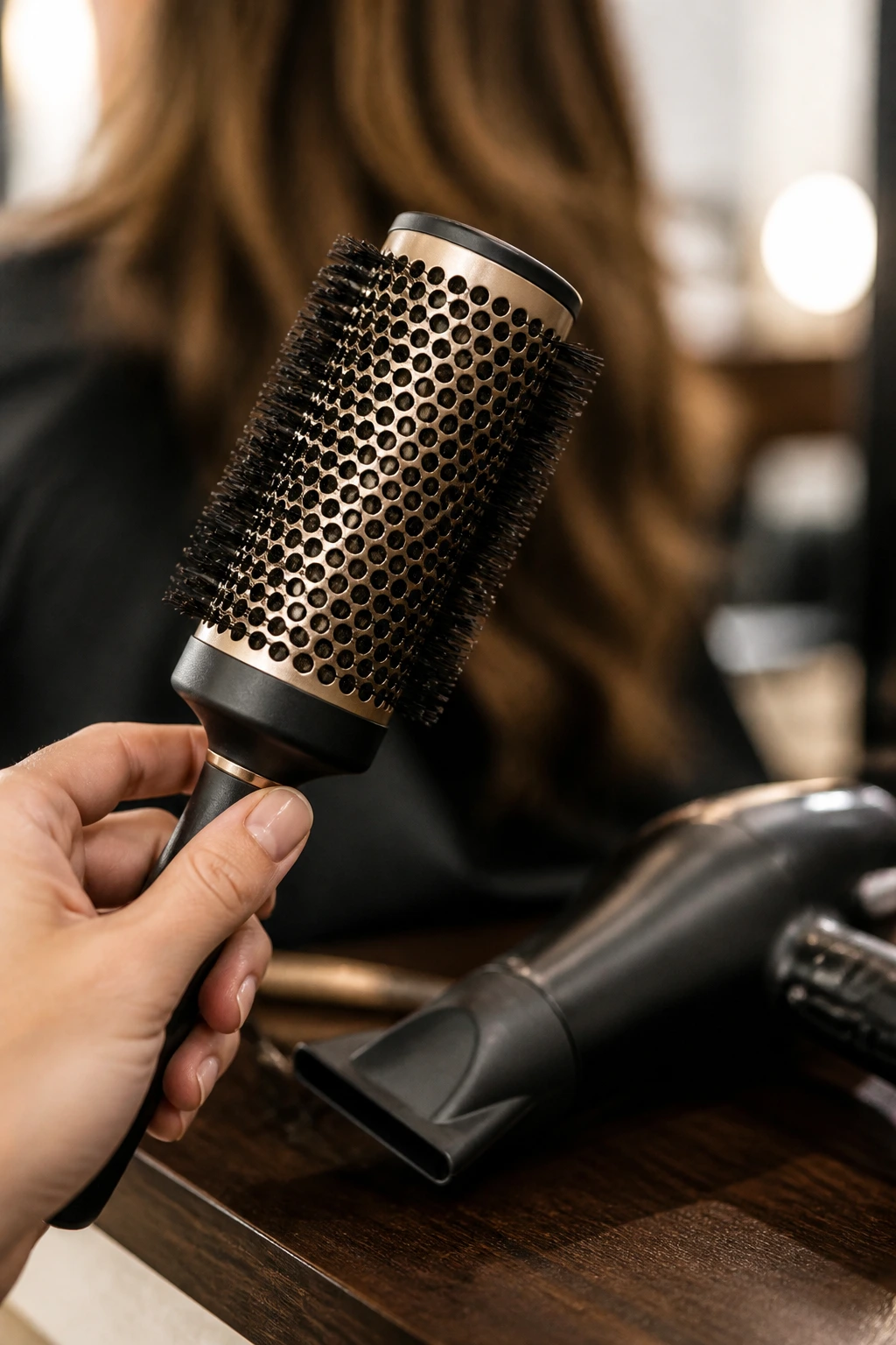 Close-up of a round brush in a salon setting ready for styling thick hair