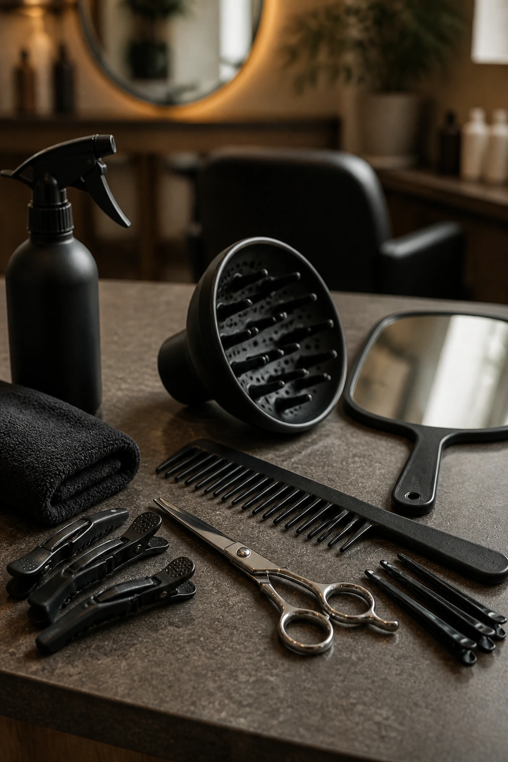 Close-up of essential tools for rounded short curls on a salon counter