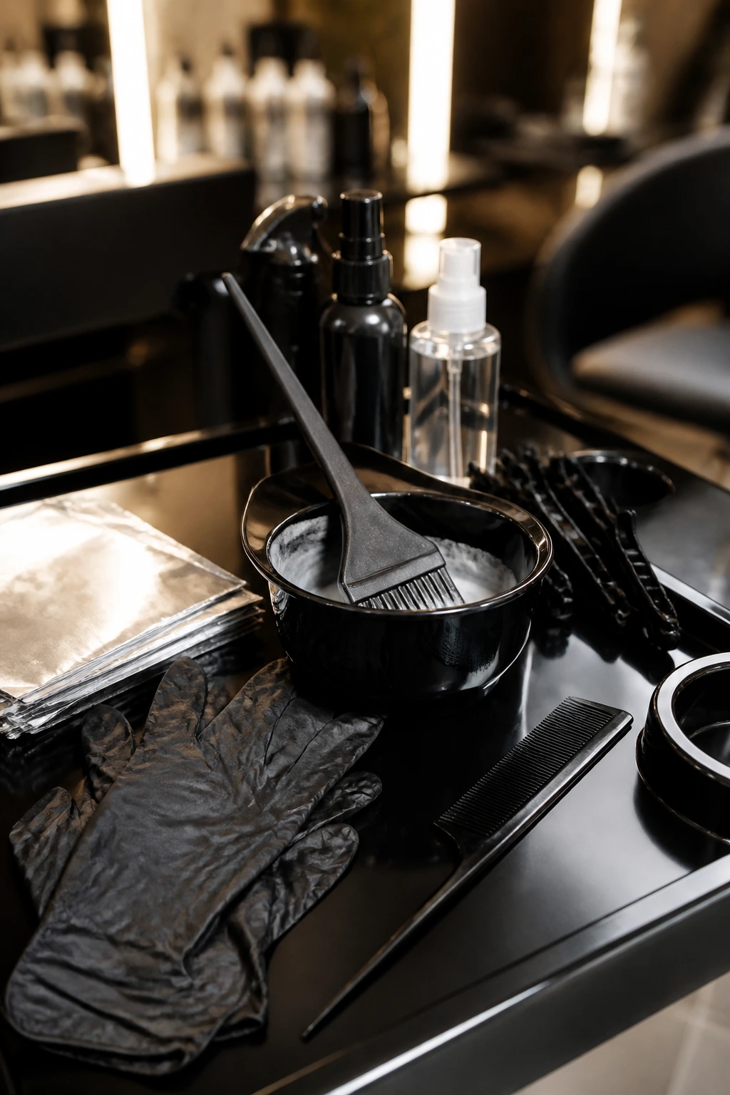 Close-up of hair color tools and products on a salon station, organized for a glossy finish