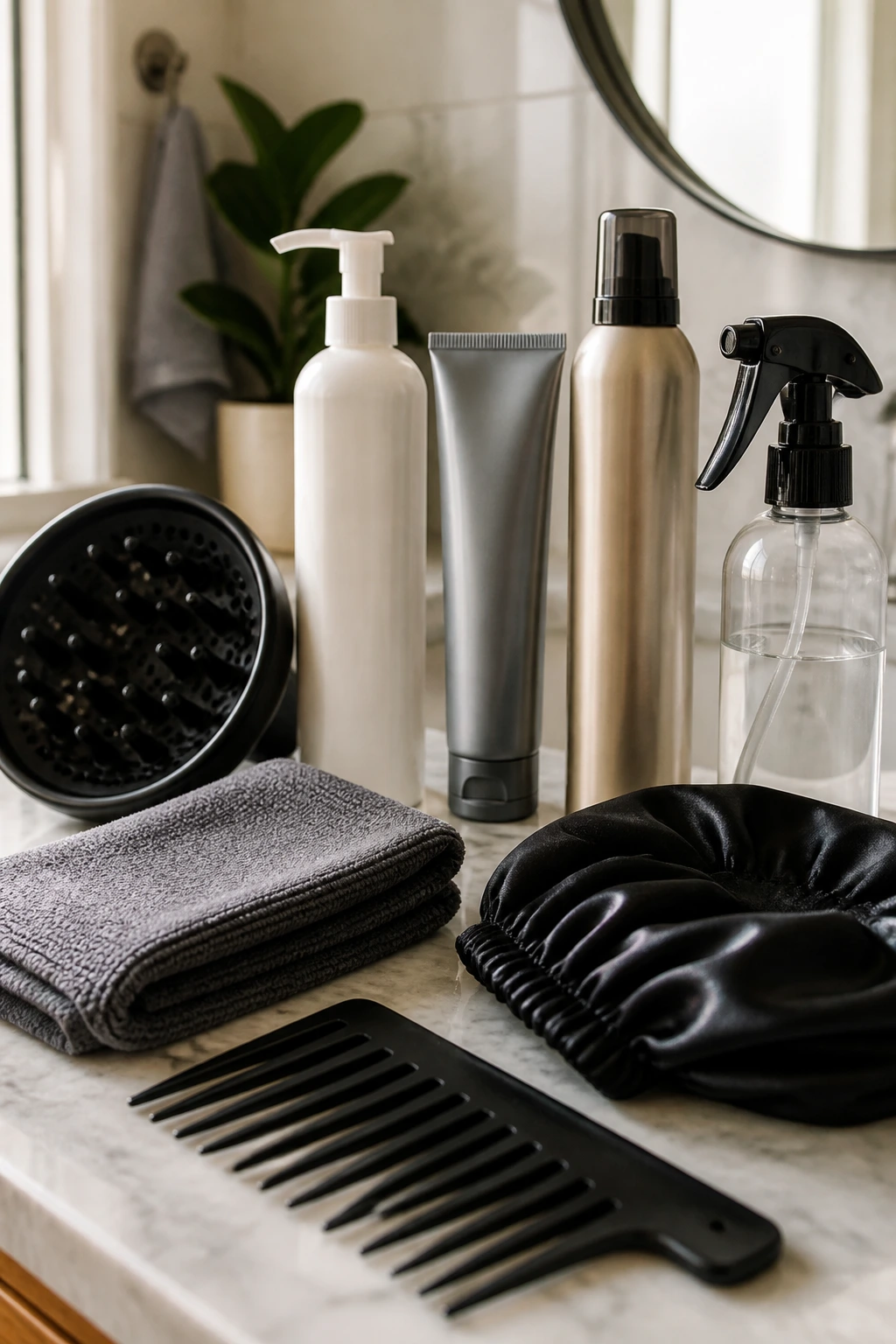 Close-up of essential hair tools for short curly hair arranged on bathroom counter