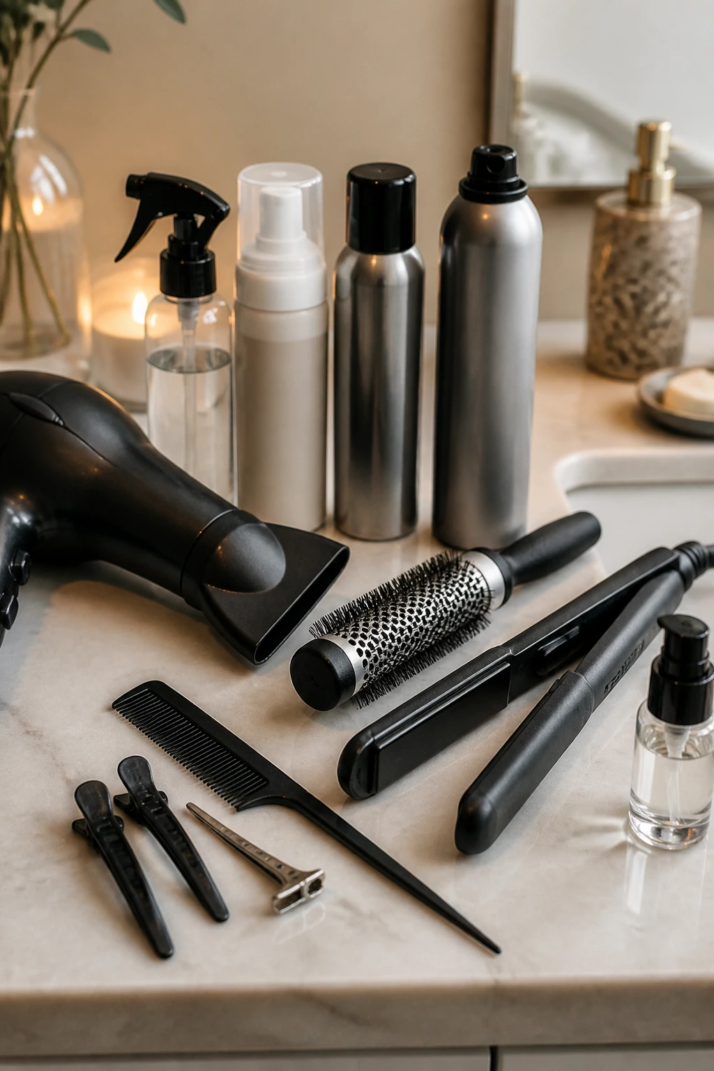 Close-up of styling tools for side bangs on a bathroom counter