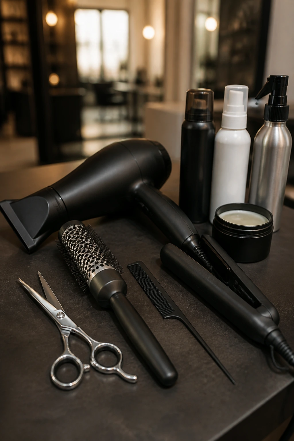 Close-up of essential hair-styling tools arranged on a salon station