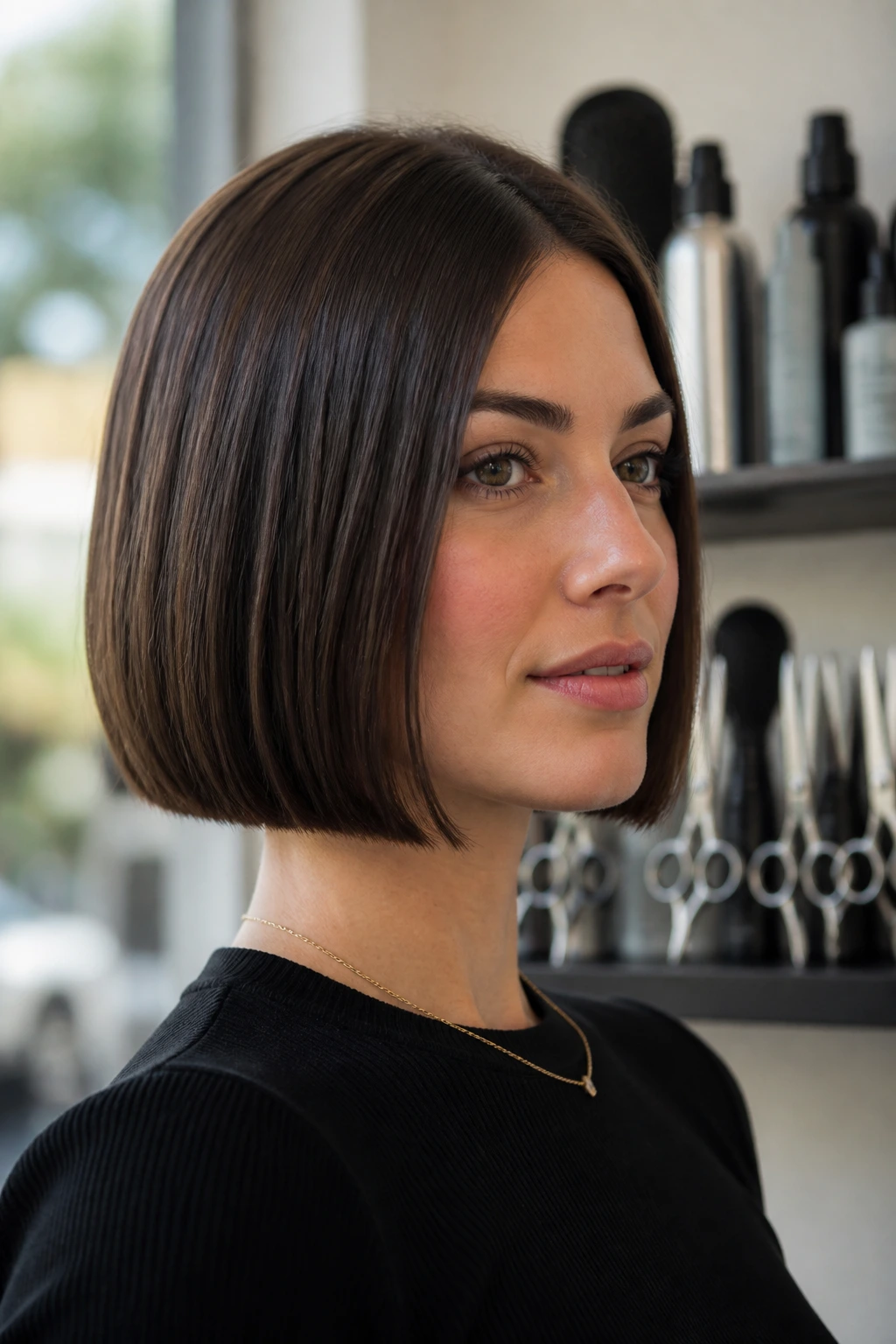 Portrait of a person with a sleek bob with tools subtly visible in the background