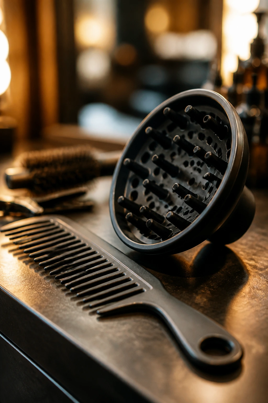 Close-up of wide-tooth comb and diffuser attachment on a salon counter