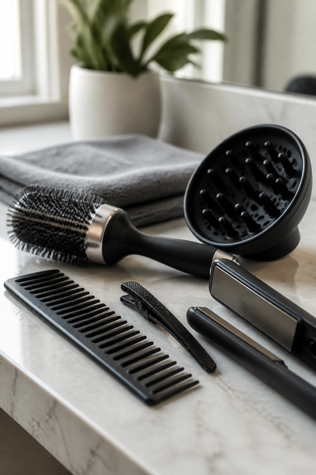 Close-up of essential styling tools for thick gray hair on a vanity