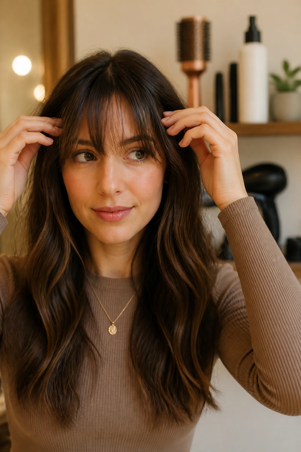 Real person with wispy bangs adjusting fringe with subtle styling tools nearby