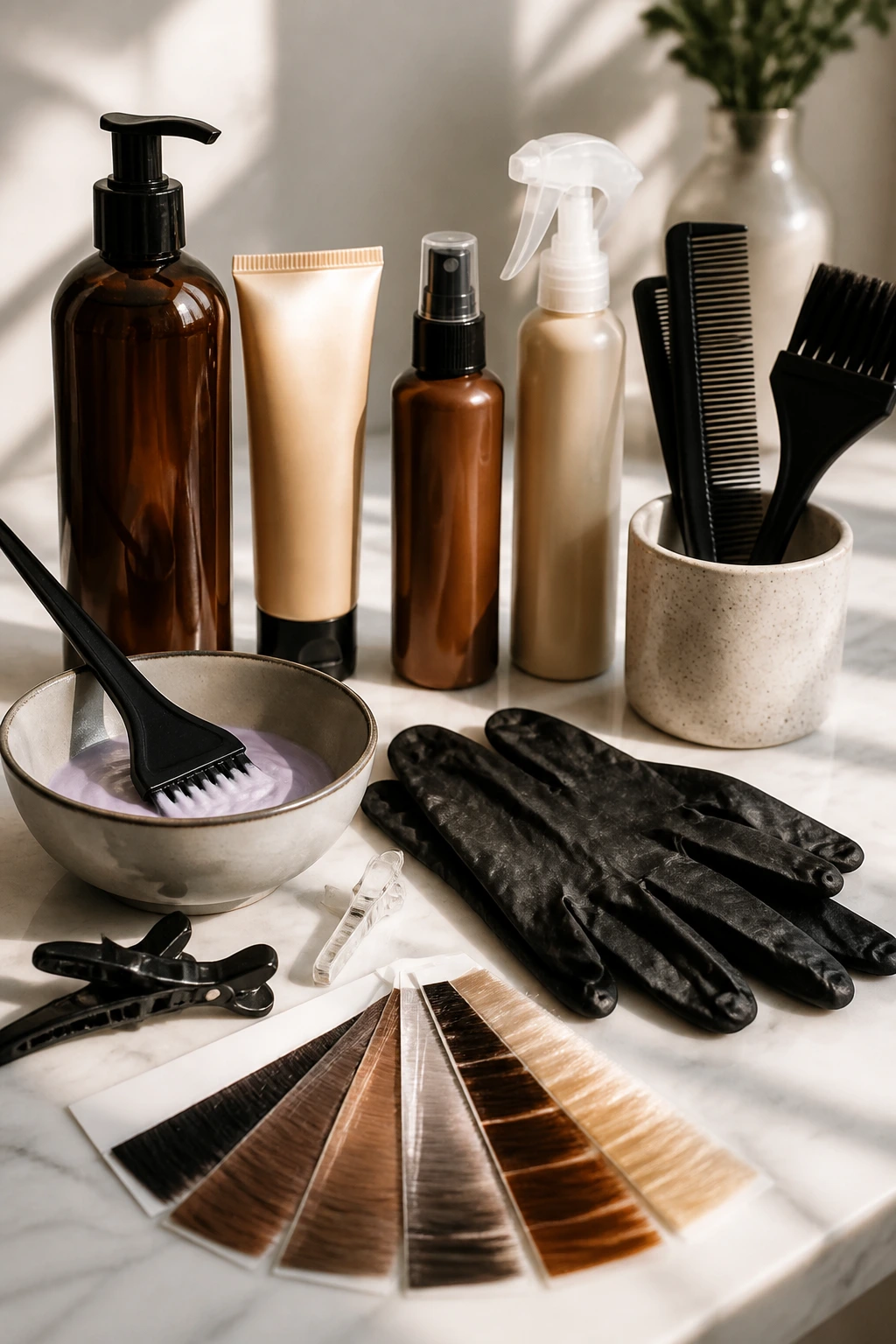 Still life of hair color tools and products in natural light