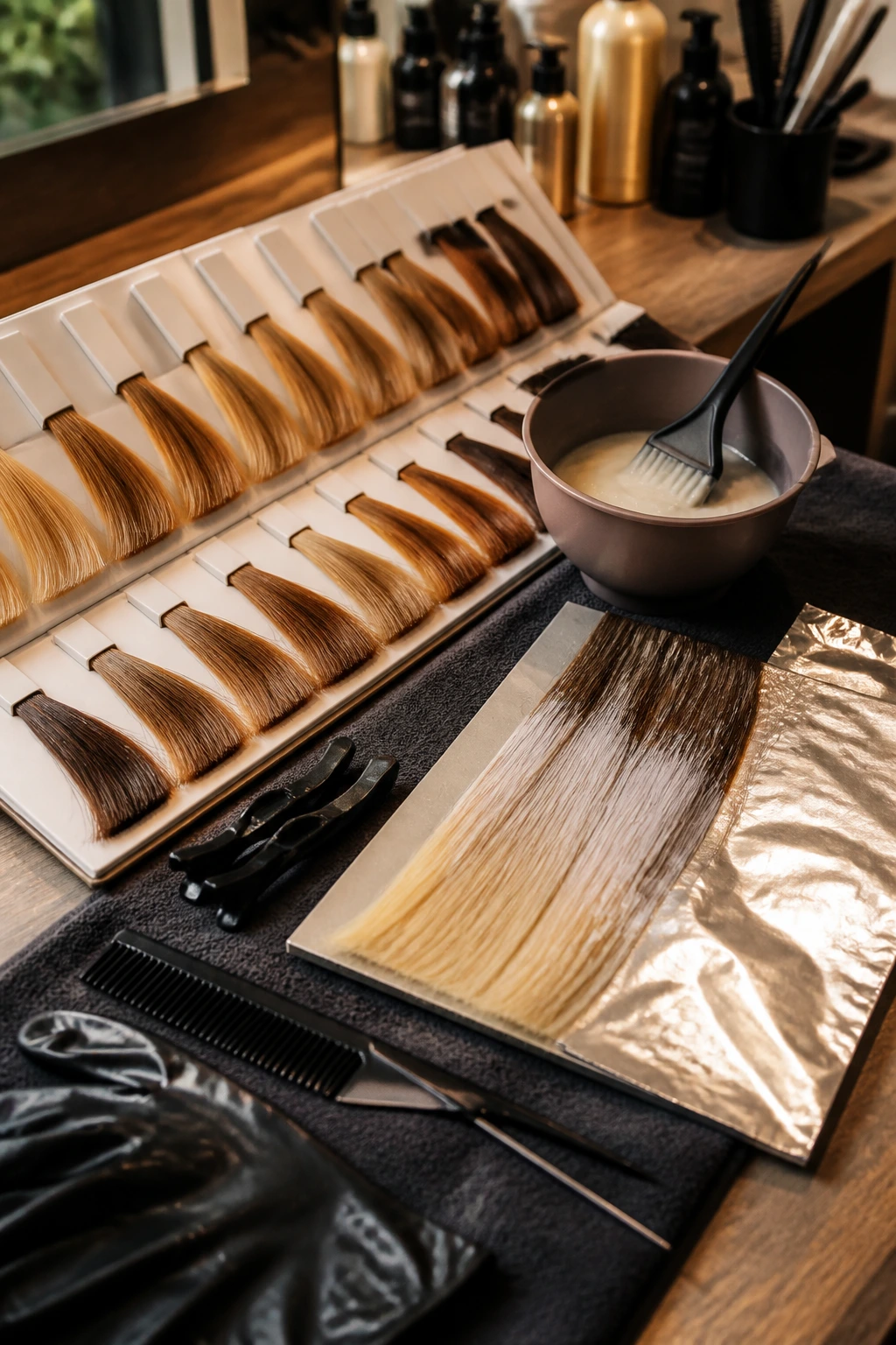 Close-up of honey-tone color swatches, foil, tint brush, and clips arranged on a salon workstation