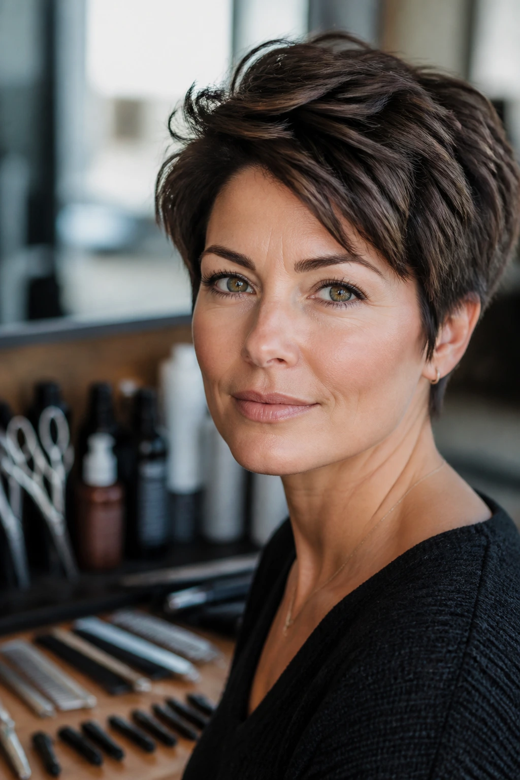 Portrait of a real woman with a short thick haircut, tools visible in a blurred background
