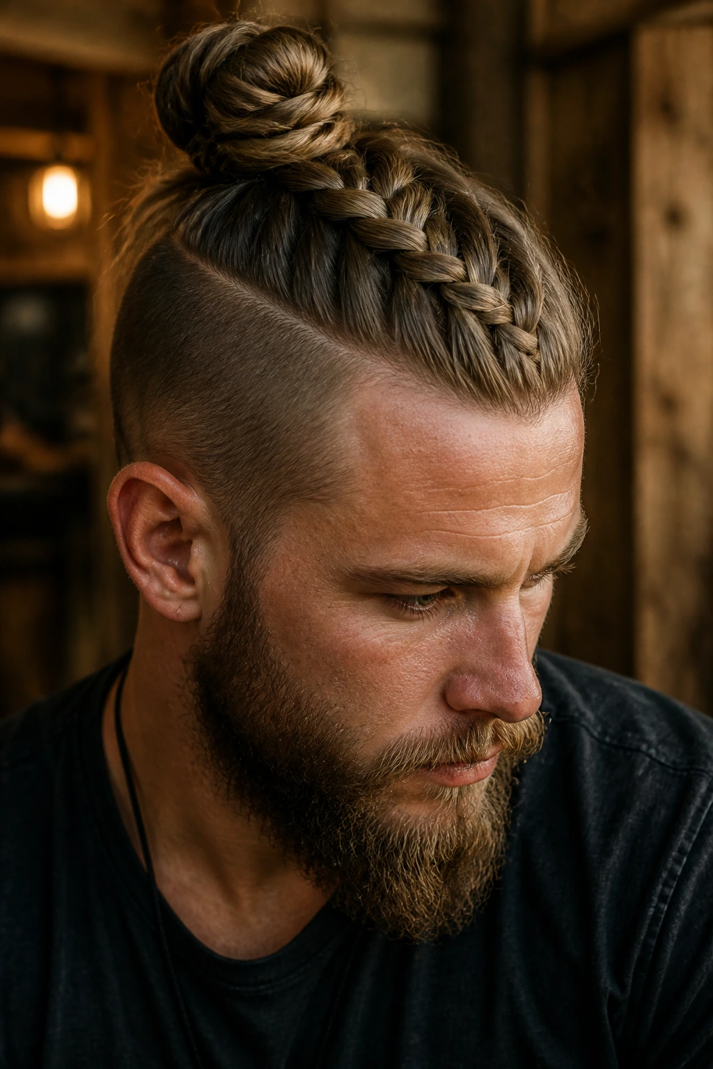 Close-up of a man with a top braid leading to a bun