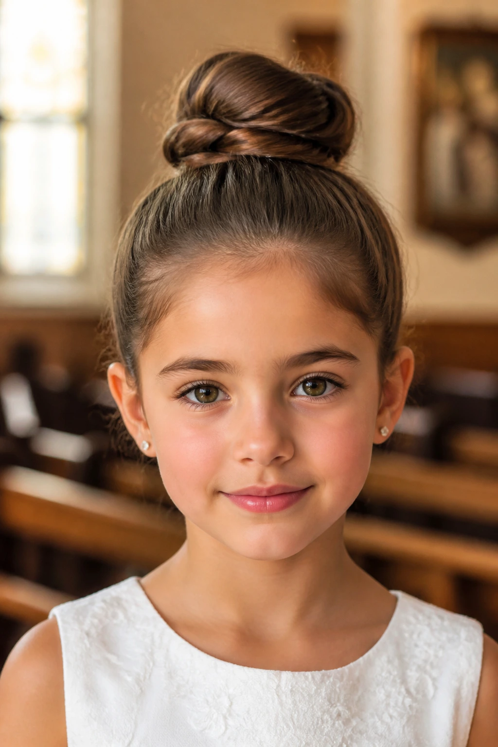 Close-up of a child with a sleek top bun and softened hairline in warm church lighting