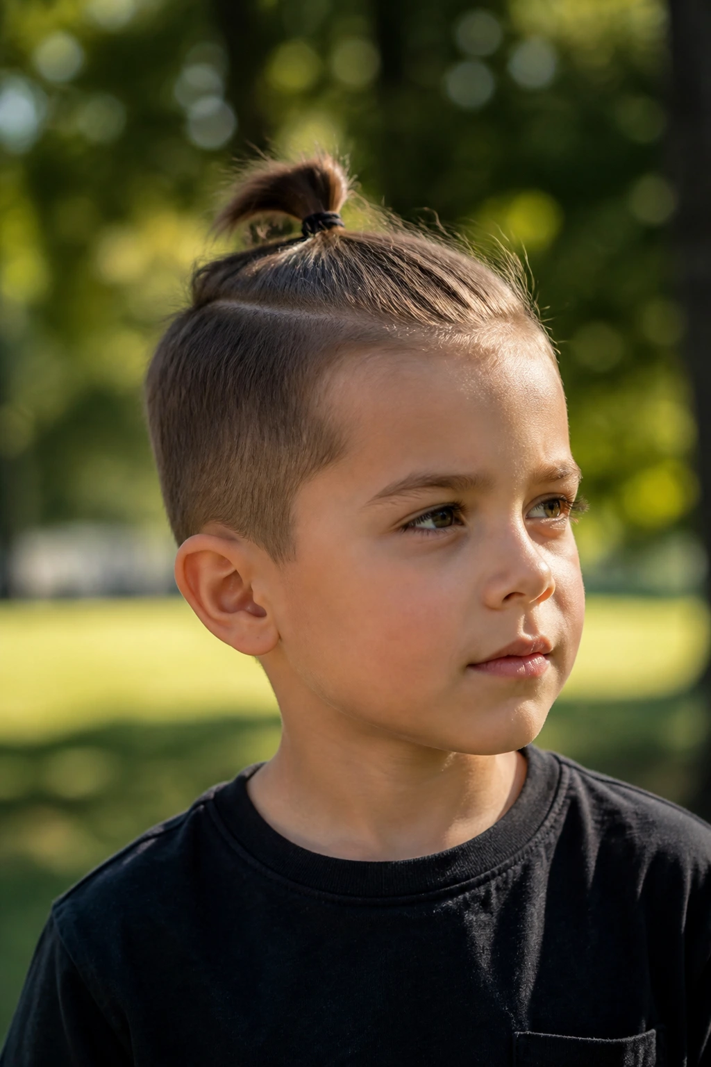 Close-up of real boy with a small top knot