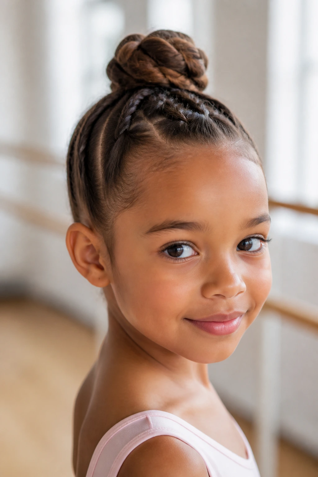 Girl with braided top knot hairstyle in a bright studio