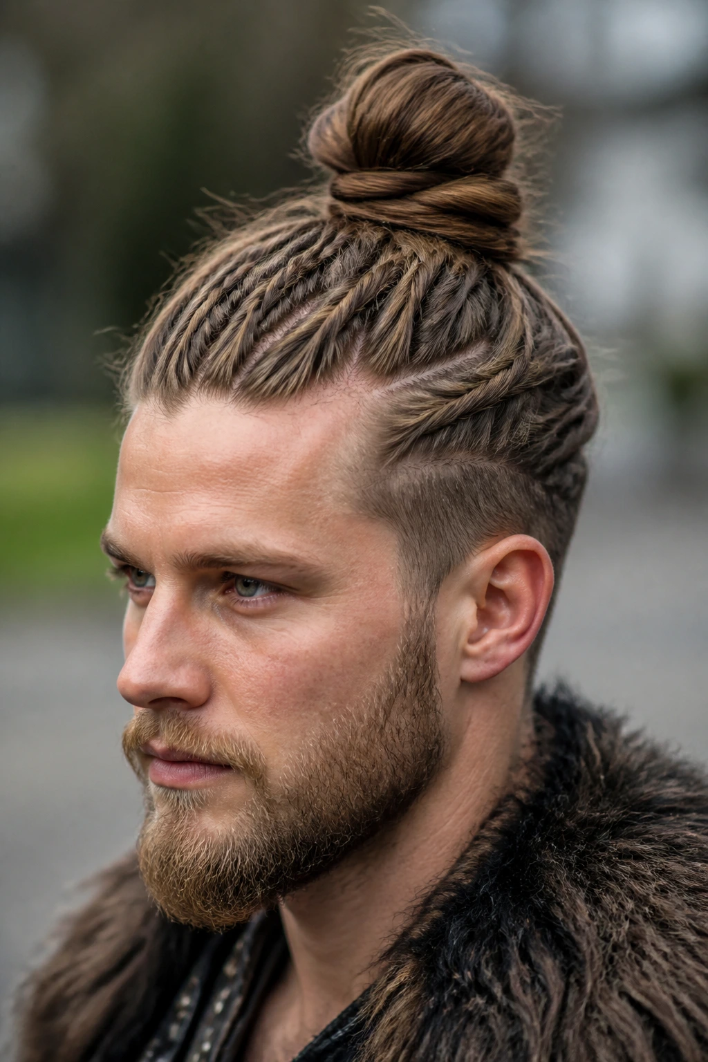 Close-up of a real person with a braided base and a top knot at the crown