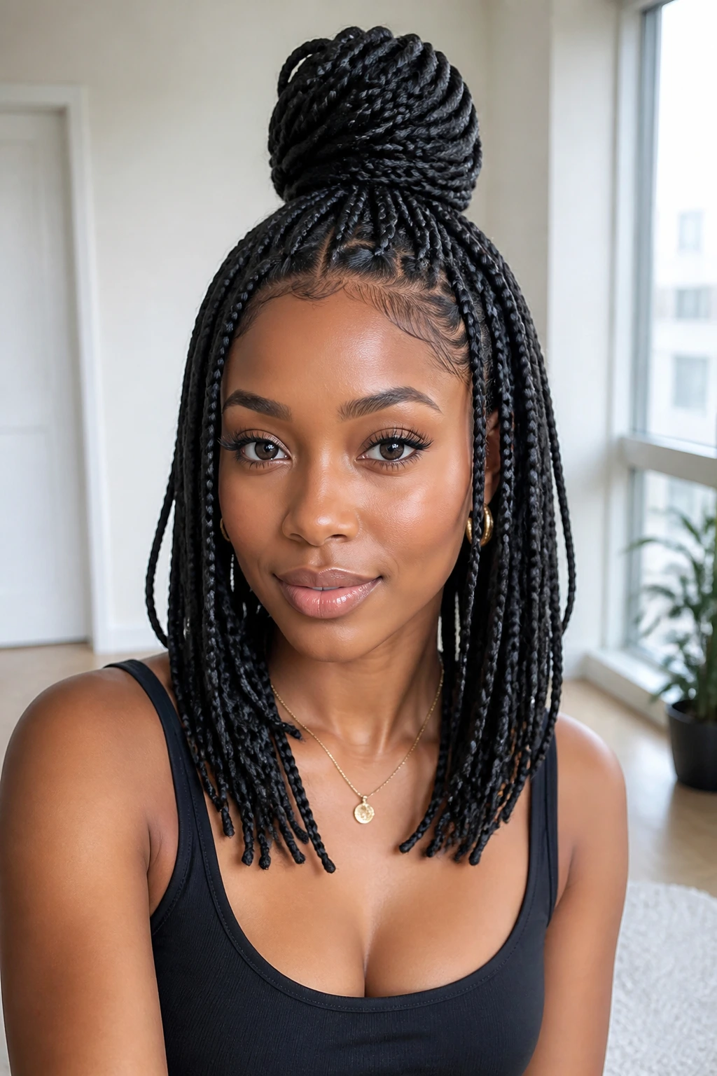 Close-up portrait of a real person with a top knot and hanging braids