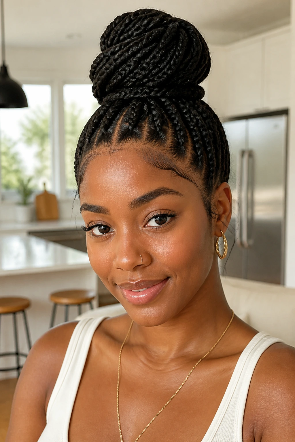 Close-up of a real woman with a top knot box braid hairstyle indoors