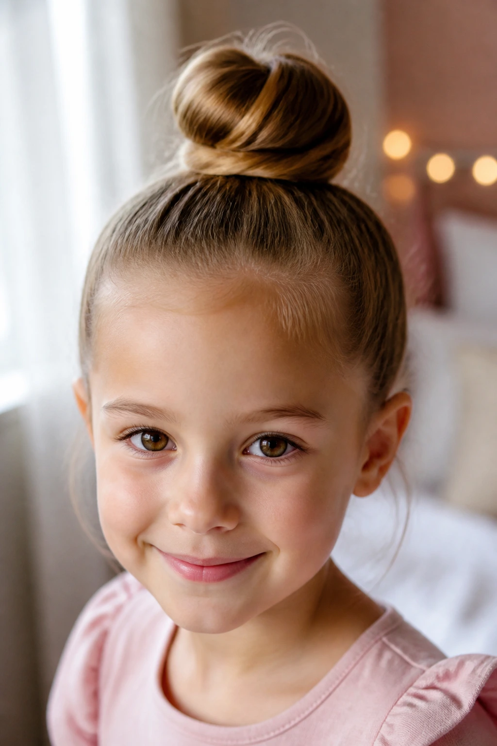 Close-up of a young girl's head with a high top knot bun in a cozy bedroom