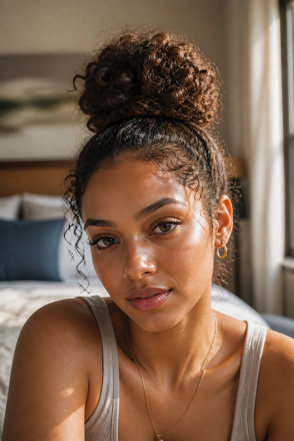 Close-up of a real woman with a top knot bun using a hidden cushion