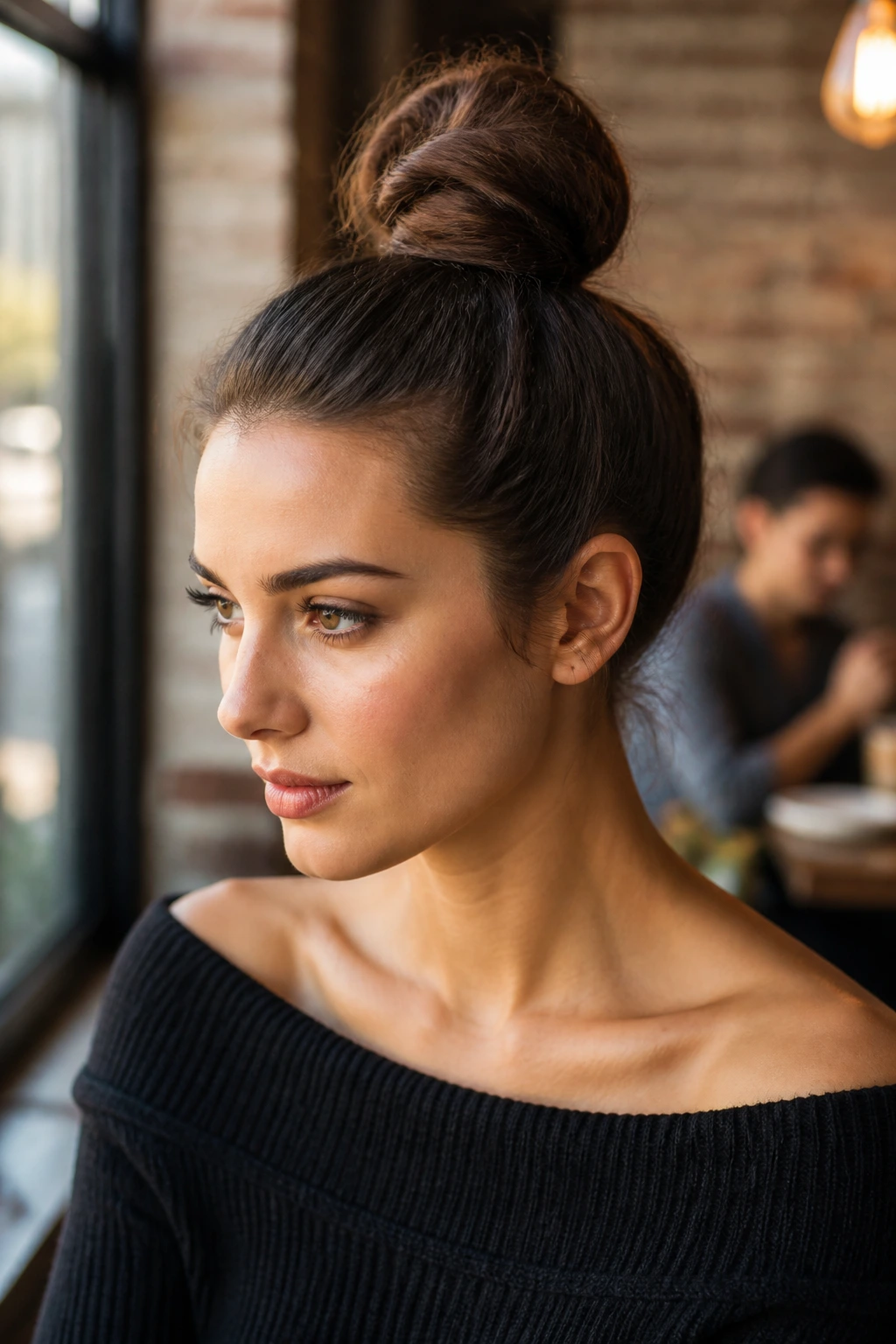 Real person with a tight top knot at the crown, neck exposed.