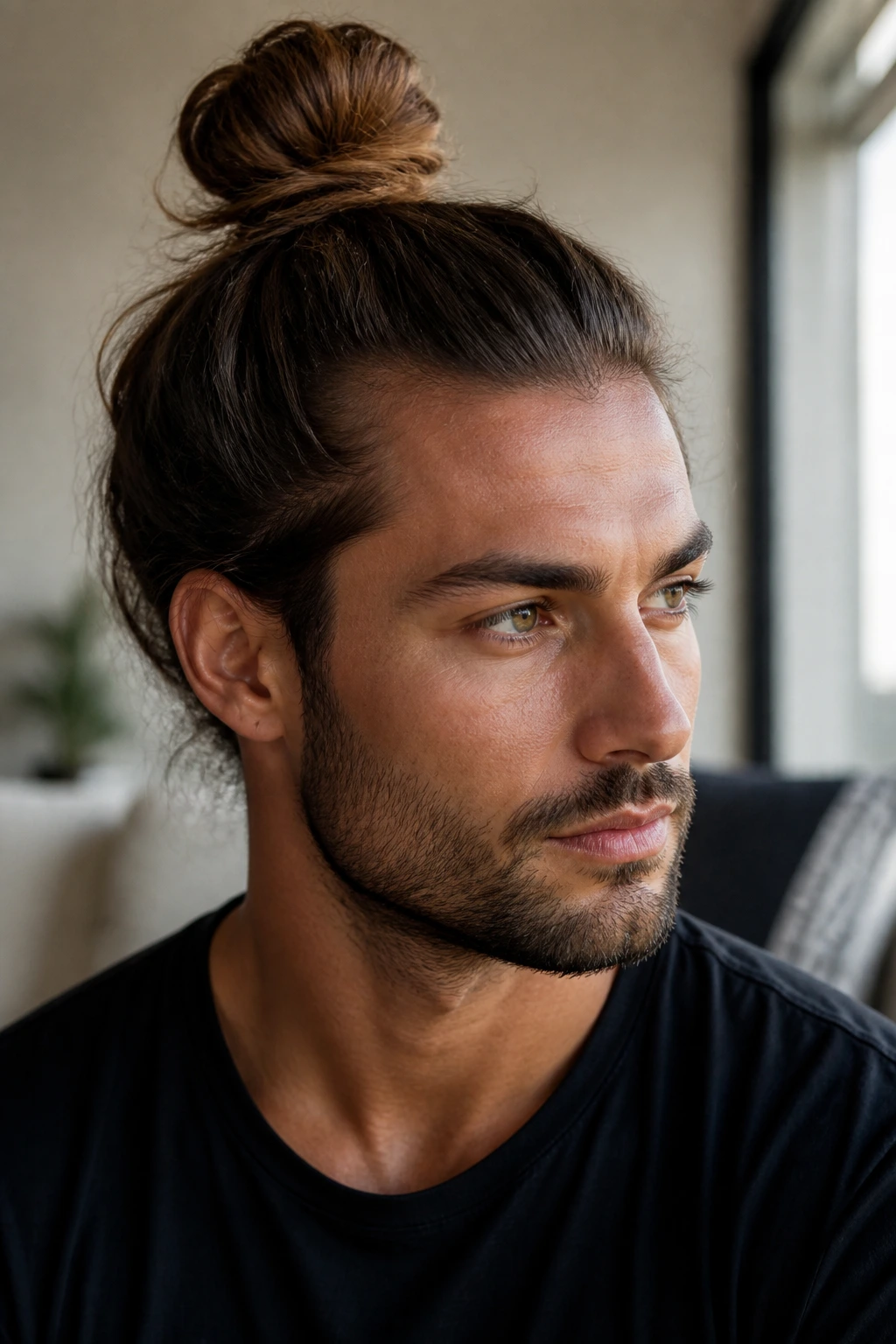 Portrait of a man with a top knot at the crown.