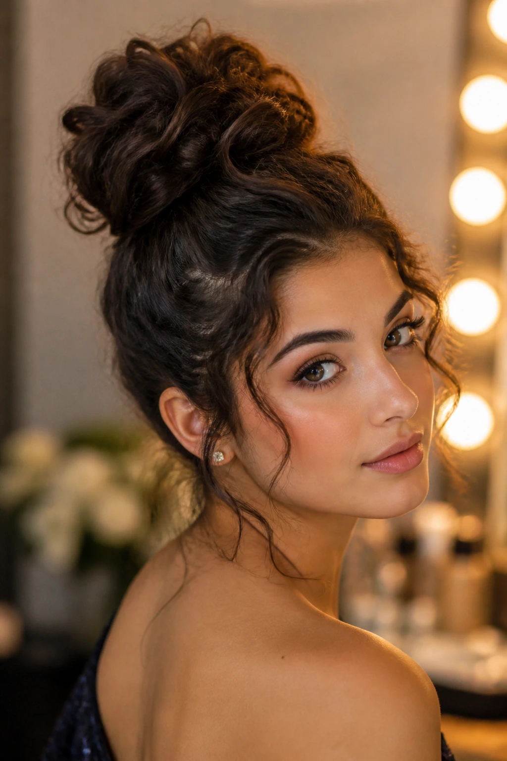 Close-up of a real woman with a voluminous top knot and curly ends.